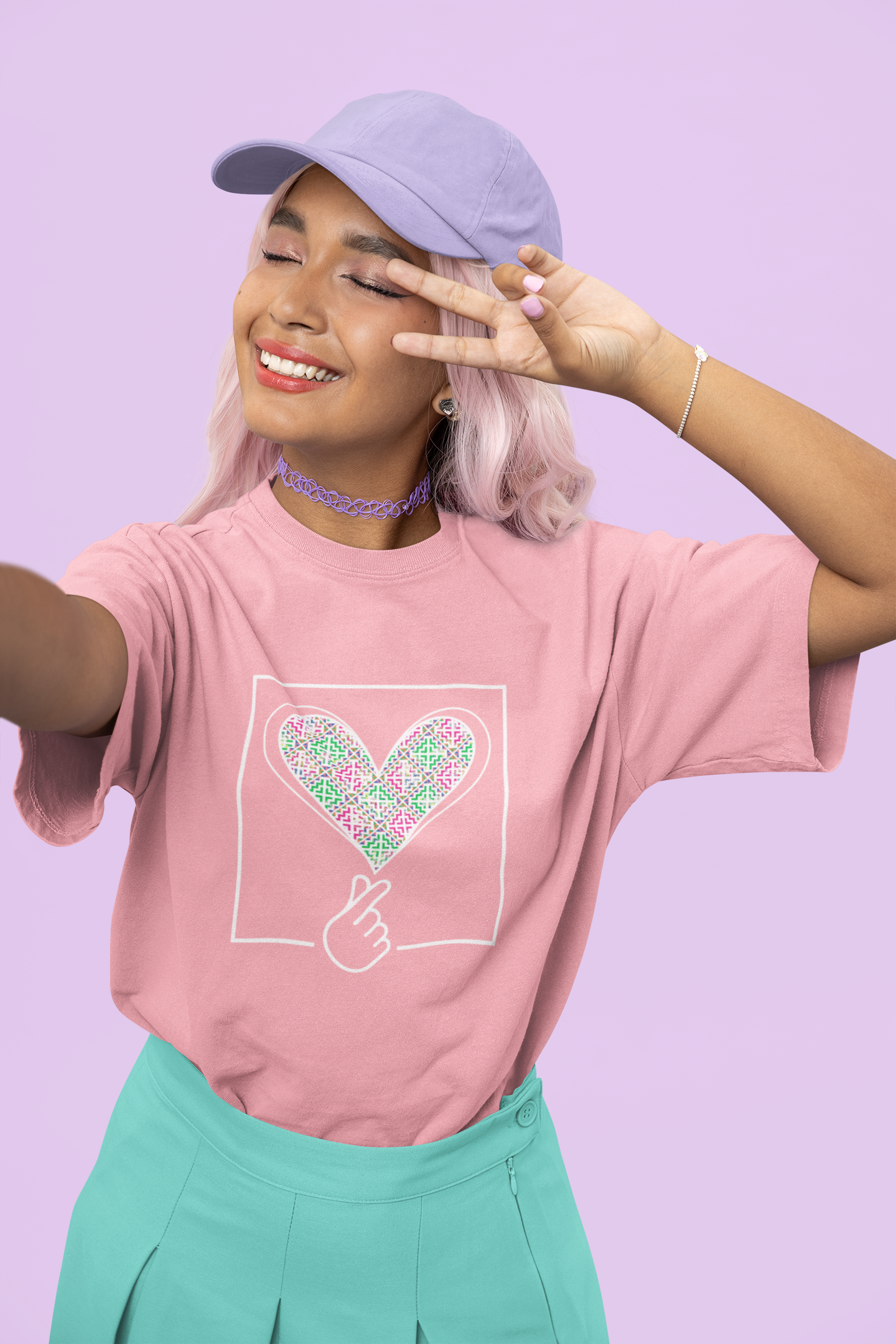 Hmong-inspired t-shirt with heart-shaped love sign and cultural design